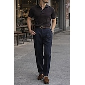  Leinenanzughose für Herren, plissiert, lockere Passform – leichte Sommerhose, lässige Freizeithose mit weitem, geradem Bein, erhältlich in Braun, Marineblau und Beige