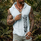 abordables T-shirts tropicaux de vacances-Chaleco sin mangas con capucha para hombre, estampado de vegvisir valknut, runas nórdicas, cuervo, guerrero vikingo, estilo boho, algodón y lino, bajo deshilachado, corte holgado, ideal para verano,