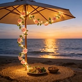baratos Luzes solares de corda-Luzes solares em formato de trepadeira de rosas, 2m, 20 LEDs, 8 modos, ideais para decoração de pátio, varanda, jardim, à prova d'água, festas de aniversário, praia, piquenique, casamento e feriados.