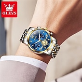 abordables Relojes de Cuarzo-Reloj automático de lujo para hombre Olevs, reloj mecánico esqueletizado con fase lunar, resistente al agua, luminoso, de acero inoxidable bicolor, relojes de vestir elegantes para negocios.