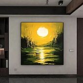 cheap Landscape Paintings-Hand Painted Sunset Oil Painting Emerald Green Abstract Textured Canvas Green Lake Moon Water Reflection Art