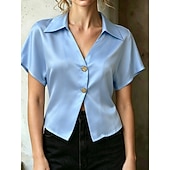 ieftine tricou simplu-Pentru femei Cămașă din satin Bluză Nasturi Culoare solidă Stilat Casual Manșon scurt Guler Cămașă Crop Tops Casual Zilnic În aer liber Albastru piscină Negru Alb Caisă Vară Primăvară