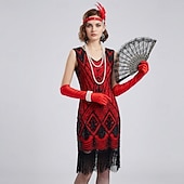 cheap Outfits-Vintage Roaring 20s 1920s Knee Length Dress Flapper Dress Gloves Sleeveless The Great Gatsby Charleston Sequins Tassel Fringe Fancy Dress Women's Halloween Carnival Cocktail Party Adults' 1 Fan Dress