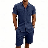 economico Camicie di lino-Per uomo Camicia di lino Due pezzi Set Camicia E Shorts Shorts di Lino Shorts da Spiaggia Impostare Semplice Quotidiano All'aperto Vacanza Collo ripiegato Manica Corta Estate Moda Casual Confortevole