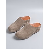 billige Tresko og tøfler til kvinner-Beige perforerte mulletresko til dame – komfortable slip-on hagesko for turgåing, hjemmebruk og sommerlig fritidsbruk