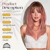 baratos Perucas Sintéticas sem Touca-Peruca longa, lisa e em camadas, rosa, com franja, 40 cm (16 polegadas), com raízes escuras, aparência natural, cabelo sintético macio e resistente ao calor, comprimento médio, ideal para uso diário e