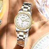baratos Relógios Quartz-Relógio feminino de luxo, com bisel de diamantes, em aço inoxidável dourado e rosé, elegante e moderno, com janela de dia e data, joia à prova d'água para presentear sua mãe ou esposa.