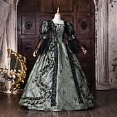 abordables Vestidos-Rococo Baroque Ball Gown Floor Length Dress Ball Gown Puff Balloon Sleeve Princess Bridal Lace Floral Ball Gown Square Neck Fancy Dress Women's Royal Halloween Carnival Masquerade Tea Party Party