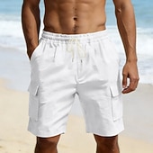 cheap Holiday-Men's Cotton Linen Shorts Shorts Summer Shorts Beach Shorts Drawstring Pocket Elastic Waist Plain Comfort Breathable Knee Length Outdoor Beach Vacation Vacation Fashion Black White Inelastic