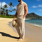 cheap Cotton Linen Shirt-Male Linen Shirt 2 Piece Shirt Set And Linen Pants Trousers Casual Pants Set Plain Daily Outdoor Vacation Turndown Sleeveless Summer Fashion Casual Comfortable Clothing Apparel