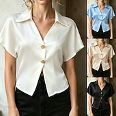 ieftine tricou simplu-Pentru femei Cămașă din satin Bluză Nasturi Culoare solidă Stilat Casual Manșon scurt Guler Cămașă Crop Tops Casual Zilnic În aer liber Albastru piscină Negru Alb Caisă Vară Primăvară