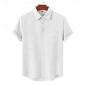 baratos Clássico-Homens Camisa Social Camisa de linho camisa de verão Roupa de Praia camisa de botão Tecido Casual Diário Azul Preto Branco Rosa Manga Curta Colarinho Primavera Verão Verão Roupa Bolsos