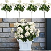 ieftine Flori Artificiale-Flori artificiale de geranium alb rezistent la UV cu 4 ramuri, 4 geraniumuri înflorite, potrivite pentru decorațiuni interioare și exterioare, grădini, nunți, Ziua Recunoștinței, Crăciun și sezonul