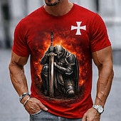  Ανδρικό γονατιστό ιππότη ναό σταυρό μεσαιωνικό πολεμιστή φωτιά σκοτεινή φαντασία γοτθικό streetwear μπλουζάκι με γραφικό στρογγυλό ντεκολτέ κοντομάνικο δώρο γενεθλίων για άνδρες λάτρεις της ιστορίας