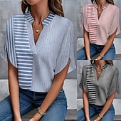 abordables T-shirt Art &amp; Design-Femmes Chemise Chemisier Patchwork Rayé Élégant Vacances Manche Courte Col en V Hauts Longs Quotidien Fête Sortir Rose Claire Bleu Roi Été Printemps