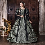 abordables Vestidos-Rococo Baroque Ball Gown Floor Length Dress Ball Gown Puff Balloon Sleeve Princess Bridal Lace Floral Ball Gown Square Neck Fancy Dress Women's Royal Halloween Carnival Masquerade Tea Party Party
