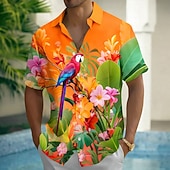 voordelige Tropische planten-Men's Parrot Tropical Plants Flowers Summer Hawaiian Shirt Button Up Shirt Aloha Shirt Short Sleeve Hawaiian Vacation Summer Spring Turndown 3D Print Collared Shirts Front One Pocket Blue Pink Red