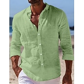  男性用 シャツ リネンシャツ サマーシャツ ビーチウェア ボタンアップシャツ 平織り バケーション カジュアル ブルー ブラック ホワイト ピンク 長袖 折襟 春夏 衣類