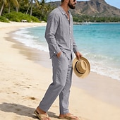 abordables Chemises lin et coton-Homme Chemise en lin Deux pièces Ensemble Chemise Et Pantalons en Lin Pantalons Pantalon décontracté Set Uni Quotidien Extérieur Plage Col Rabattu manche longue Été Printemps Mode Occasionnel