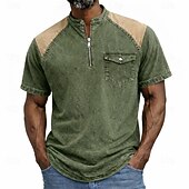 cheap Casual Henley Tee-Men's Henley Shirt 100% Cotton Acid Wash Shirt Short Sleeve Plain Solid Vintage Retro Vintage Casual Zipper Vintage Style Garment Dyed Henley Casual Spring &amp; Summer Summer Spring Black Pink Light