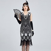 cheap Outfits-Vintage Roaring 20s 1920s Knee Length Dress Flapper Dress Gloves Sleeveless The Great Gatsby Charleston Sequins Tassel Fringe Fancy Dress Women's Halloween Carnival Cocktail Party Adults' 1 Fan Dress