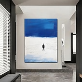 cheap Landscape Paintings-Minimalist Beach Art 100% Hand Painted Blue White Beach Oil Painting Modern Blue Landscape Home Decor Contemporary  Wall Art