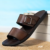 baratos Sandálias e Chinelos para Homem-Men's Brown Double Strap Slide Sandals Adjustable Buckle Open-Toe Comfort Summer Footwear Lightweight Casual Beach Shoes for Island &amp; Cruise, Seaside Travel, Deck Walks and Resort Leisure