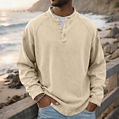 abordables camisetas basicas-SoftFade™ Camiseta para Hombre Henley 100% Algodón Camisa Lavado Ácido T Shirt Tee de Manga Larga Color Sólido Sencillo Vintage Streetwear Casual Prenda Teñida Sencilla Lavada Cuello Alto Henley
