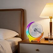 cheap Настольные вентиляторы-Moon Shaped Desk Fan with Rainbow RGB LED Light, 3-Speed Quiet Personal USB Table Fan for Office Bedroom Nightstand, Rechargeable Battery Operated Small Fan for Kids Dorm, Colorful Cooling Gift