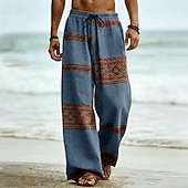 abordables Pantalons décontractés imprimés pour hommes-Homme Géométrique Tribal Ethnique Pantalons Pantalon décontracté Pantalons Amples Taille Moyenne Boho Vintage Rétro Maison Extérieur Vacances Taille élastique avec cordon de serrage Pantalon en lin
