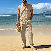 cheap Cotton Linen Shirt-Male Linen Shirt 2 Piece Shirt Set And Linen Pants Trousers Casual Pants Set Plain Daily Outdoor Vacation Turndown Sleeveless Summer Fashion Casual Comfortable Clothing Apparel