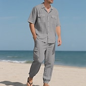 cheap Cotton Linen Shirt-Men's Linen Shirt 2 Piece Shirt Set And Cargo Pants Linen Pants Trousers Set Plain Casual Daily Outdoor Turndown Short Sleeves Summer Fashion Casual Comfortable Clothing Apparel
