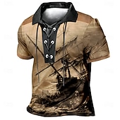 tanie Męska koszulka polo w stylu vintage-Męskie Statek Koszulki polo Krótki rękaw Koszulki polo Zasznurować szyję Zabytkowe Codzienny Streetwear Dzienne zużycie Druk 3D Oddychająca siateczka Wiosna i lato Niebieski Brązowy Zielony