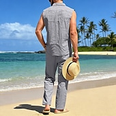 cheap Cotton Linen Shirt-Male Linen Shirt 2 Piece Shirt Set And Linen Pants Trousers Casual Pants Set Plain Daily Outdoor Vacation Turndown Sleeveless Summer Fashion Casual Comfortable Clothing Apparel
