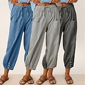 baratos Partes inferiores-Conjunto com 3 calças capri femininas de algodão, ideais para o verão, casuais, básicas, cintura alta, lisas, com bolsos, cintura elástica, confortáveis, respiráveis, sem elasticidade, para uso diário, em casa e nas férias, nas cores azul, azul marinho e