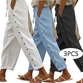 preiswerte Luxusunterteile-3er-Pack Damenhosen, Sommerhosen, Freizeithosen, Urlaubshosen, Basic-Hosen, knöchellang, natürliches, schlichtes Design, Seitentaschen, seitliche Knöpfe, bequem, atmungsaktiv, nicht elastisch, ideal für Wochenendausflüge