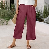 cheap Bottoms-Women's Linen-feel Pants Capri Pants Trousers Summer Shorts Vacation Fashion Basic Full Length High Waist Solid Color Plain Pocket Wide Leg Elastic Waistband Comfort Soft Breathable Inelastic