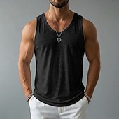 billige Treningsskjorter uten armer-Herre Linne Tank Top Ermeløs skjorte Wifebeater skjorte Ermeløs Crew-hals V-hals Sommer Vår Alle årstider عادي Mote Grunnleggende Bohemsk Tynn Myk Ren Avslappet Strand Feriereise Blå Svart Hvit Topp