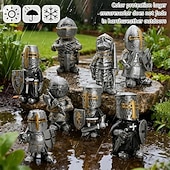 abordables Accessoires et plus-Lot de 8 nains de jardin chevaliers décoratifs, sculptures médiévales amusantes, statues de gardes militaires, décoration extérieure pour jardin ou pelouse, en résine, cadeau pour la fête des pères
