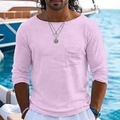 voordelige Katoenen Linnen T-shirts-Voor heren Linnen T-shirt Lange mouw Boothals Zomer Lente Alle seizoenen Effen Kleur Vintage Bohémien Casual Puur Casual Vakantie Straat blauw Zwart Wit Top T-shirt voor mannen