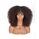 ieftine Peruci Sintetice Trendy-Perucă afro creță maro ombre cu breton, perucă afro sintetică scurtă de 14 inch, peruci afro negre crețe pentru femei, peruci pentru uz zilnic și la petreceri