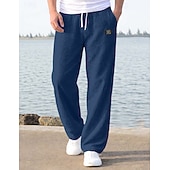 cheap Holiday-Men's Linen Pants Trousers Summer Pants Baggy Pants Beach Pants Drawstring Elastic Waist Straight Leg Plain Comfort Breathable Full Length Casual Daily Holiday Vacation Fashion Loose Fit Blue White