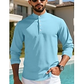 preiswerte Lässiges Henley-T-Shirt-Herren T Shirt Waffel-Henley-Hemd Henley Hemd Langarmshirt Langarm Henley Sommer Frühling Einfach Mode Streetwear Freizeit Knöpfe Lässig Täglich Urlaub Blau Schwarz Weiß Top T-Shirt für Herren
