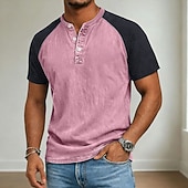 economico Maglietta casual Henley-Per uomo Maglia Henley Camicia 100% cotone lavaggio acido Manica Corta Henley Primavera &amp; Estate Estate Primavera Blocco di colori Patchwork Retrò Vintage Casual Henley Patchwork Stile Vintage Blocco