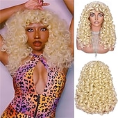 abordables Pelucas sintéticas de moda-Black Curly Wig with Bangs for Black Women Long Curly Afro Wig Big Bouncy Fluffy Synthetic Fiber Glueless Hair for Cosplay and Daily 17 Inch