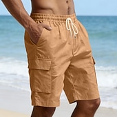 cheap Holiday-Men's Cotton Linen Shorts Shorts Summer Shorts Beach Shorts Drawstring Pocket Elastic Waist Plain Comfort Breathable Knee Length Outdoor Beach Vacation Vacation Fashion Black White Inelastic