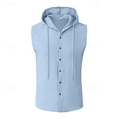 رخيصةأون أجازة-رجالي قميص قميص كتان قميص صيفي ملابس الشاطئ زر حتى القميص قميص مقنع لون الصلبة عطلة شارع أزرق أسود أبيض أخضر بدون كم مع قبعة الصيف الربيع ملابس