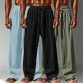 billige Klassisk-Herre Linbukser Bukser Sommerbukser Posete bukser Strandbukser Snorer Elastisk midje Rett ben عادي Komfort Pustende Full lengde Avslappet Daglig utendørs Ferie Mote Hvit + Svart + Grå Svart+blå+grønn