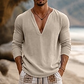 voordelige Katoenen Linnen T-shirts-Voor heren T-shirt Lange mouw V-hals Lente zomer Zomer Lente Effen Modieus Ontwerper Basic Zacht Casual Vakantie Straat Licht Blauw Top T-shirt voor mannen