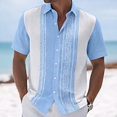 tanie Geometryczny wzór-Męskie Geometryczny Prążki Koszula Koszula Guayabera Zapinana na guziki koszula Krótki rękaw Moda na co dzień Codzienny Na zewnątrz Urlop Lato Wiosna Wieczorne Druk 3D Koszula z lnu Niebieski Rumiany